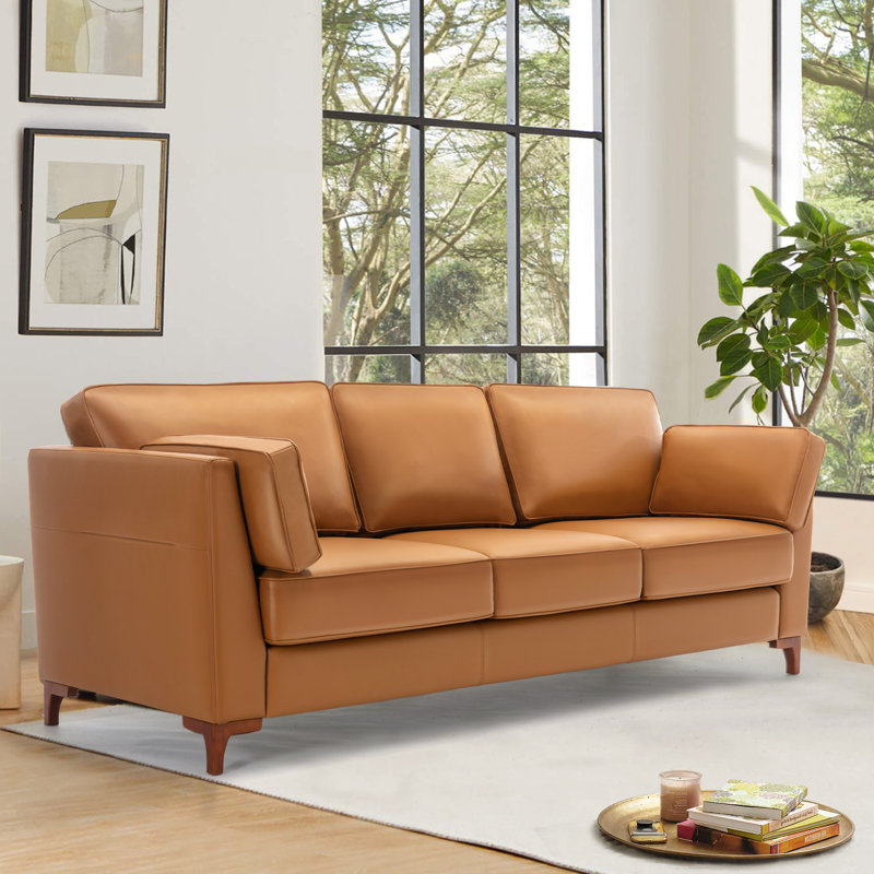 Canapé confortable en similicuir de 93 po Callun avec structure et pieds en bois massif