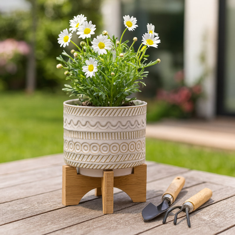Carved Ceramic Outdoor Planter on Stand for Indoor Home Decor - Modern Flower Pot Tabletop Accent Planter for Living Room or Office