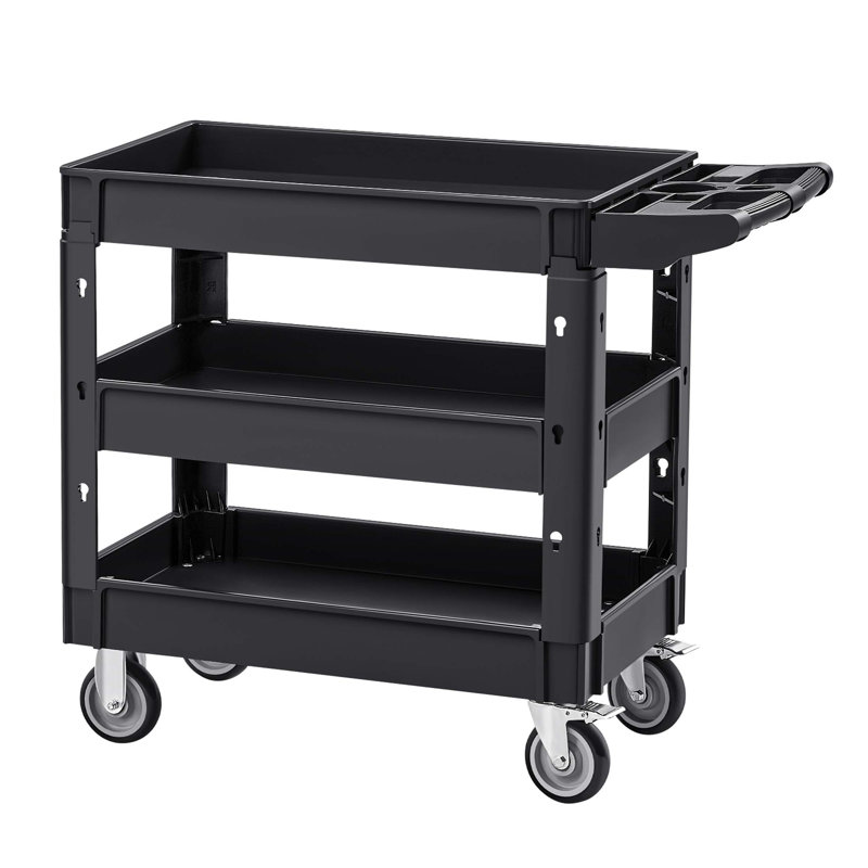 Heavy Duty 3 Shelf Utility Cart With 550LBS Capacity, 360° Swivel Wheels, And Ergonomic Handle For Versatile Use In Warehouses, Garages, And More.