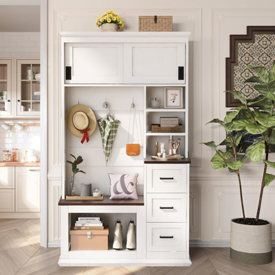 Modern 40.2'' Hall Tree With Storage Bench, Coat Rack, 3 Shelves, 3 Drawers And Storage Cabinets