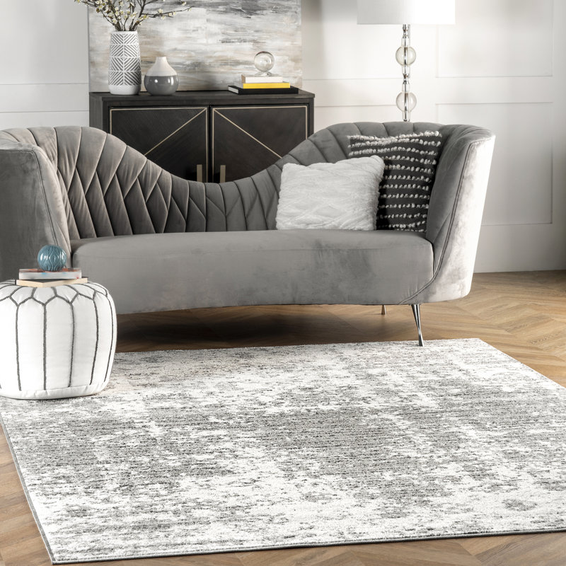Deedra Modern Abstract Power Loom Performance Gray/White Rug, Square 6'
