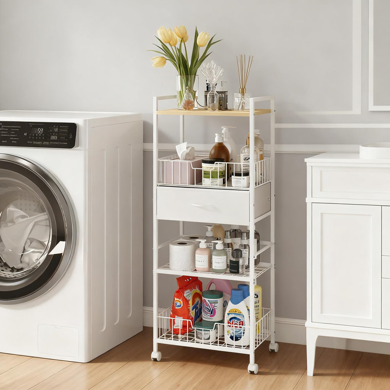 Porte-serviettes autoportant à 4 niveaux avec roulettes, étagère de rangement robuste en métal et en bois pour salle de lavage, bord de piscine, rangement compact avec tiroir