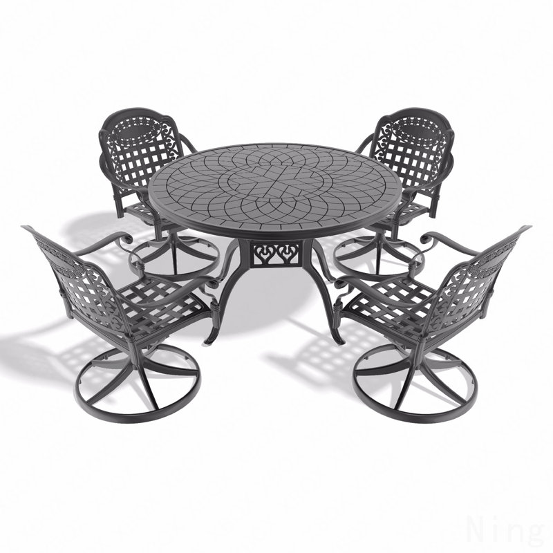 Ensemble de salle à manger 5 pièces en aluminium coulé résistant aux intempéries, comprenant 4 chaises pivotantes et une table ronde de 47,24 po avec structure noire