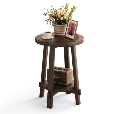 25.6" Round Solid Wood End Table, Natural Parquet Veneer
