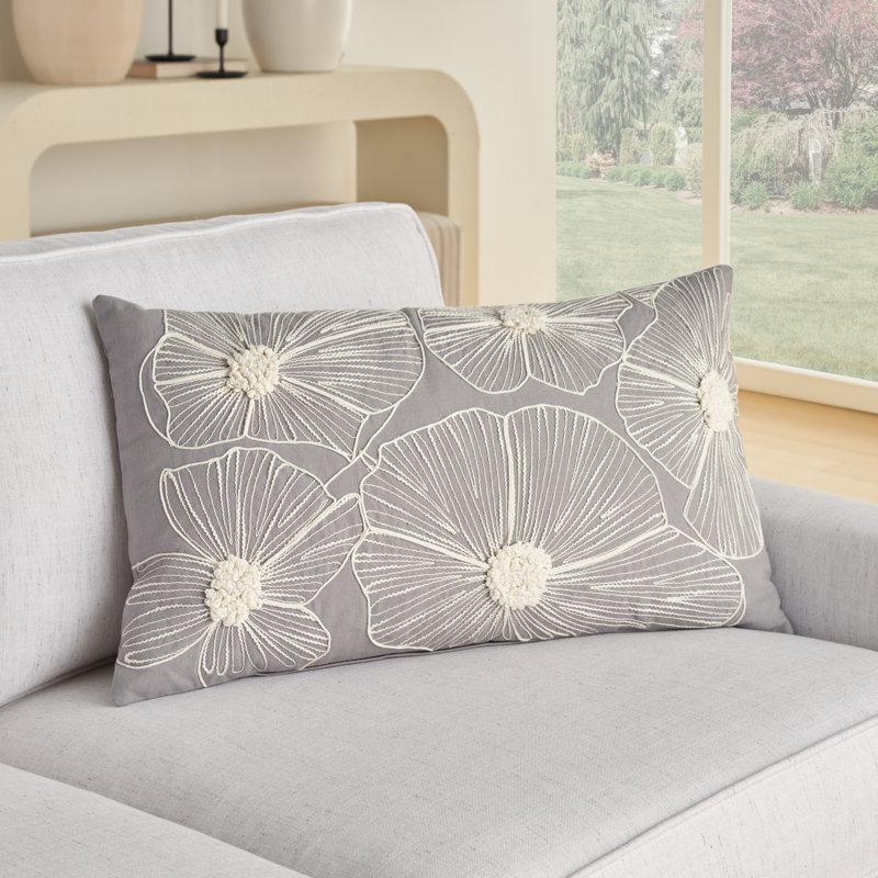 Gray Cotton Embroidered Floral 20" x 20" Throw Pillow Cover