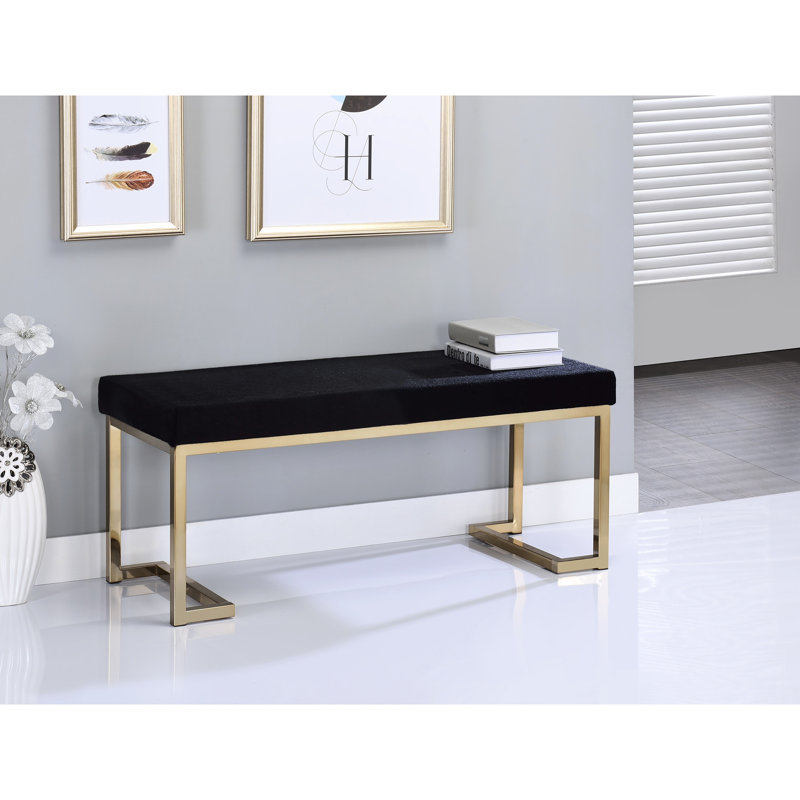 Black Bench With 100% Upholstery And Gorgeous Champagne Plating Sleek Finish Cozy Faux Fur - Chic