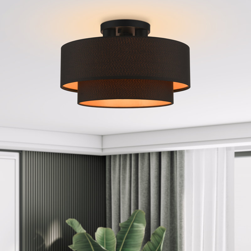 Plafonnier semi-encastré en tissu Bhagipuri Samik, Noir, Noir/orange, H 8,75 po x l 15 po x P 15 po