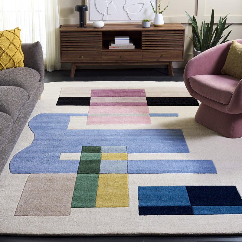 Tapis abstrait en laine / coton touffeté à la main Sarit ivoire / mauve / bleu, Rectangulaire 8 pi x 10 pi