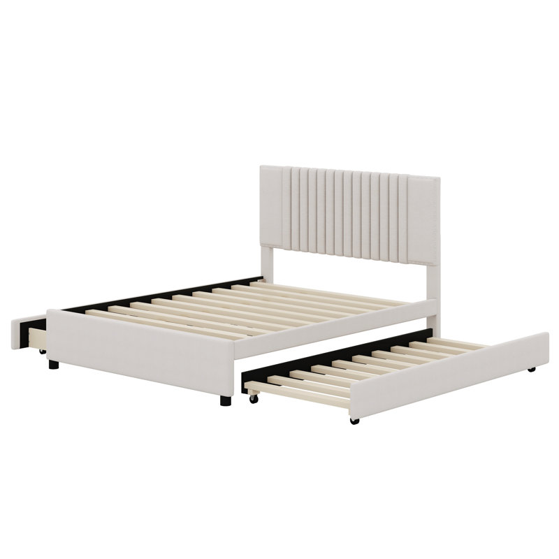 Lit plateforme tapissier avec tiroirs et lit gigogne, Beige, Double