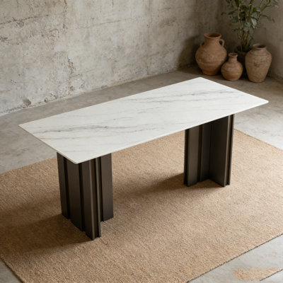 69.30 Inch Rectangular Dining Table,Tempered Glass With Marble Texture Tabletop, Matte Brushed Table Legs