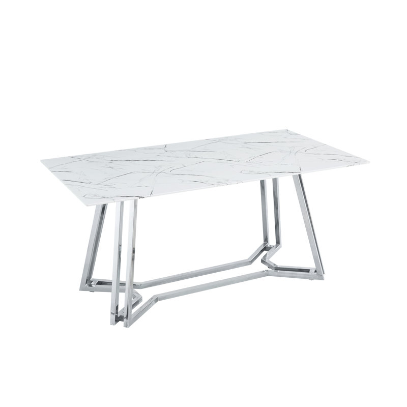 Skrolan Rectangular Glass Top Dining Table, White, Silver