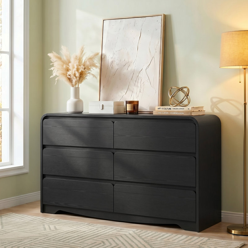 Commode de chambre moderne 47,2 po à 6 tiroirs, commode à profil courbé, commode double polyvalente, Noir