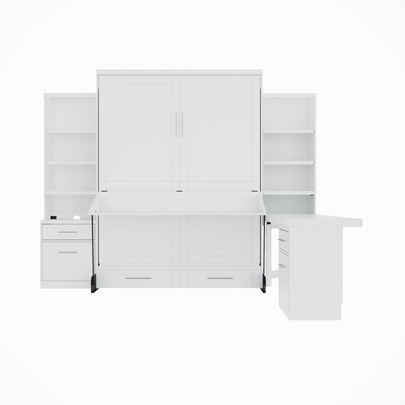 Grand lit escamotable avec rangement en bois massif Johnniemae, Blanc