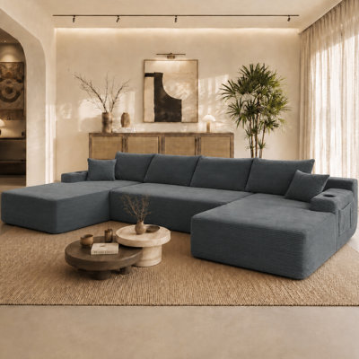 126" Cloud Sectional Sofa with U-Shape Chaise and Side Pockets and Cup holder , Modern Modular Design, Deep Seating, Upholstered Couch for Living Room/Bedroom, No Assembly Required (Corduroy)grey
