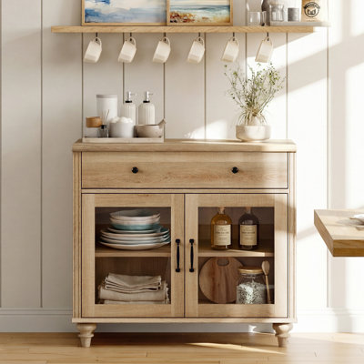 Scarlett Buffet Cabinets With Glass Doors, Kitchen Storage Cabinets Wooden Coffee Bar Tables With Storage, Modern Farmhouse Sideboard Credenza For Dining Room, Living Room, Oak, 34 Inch