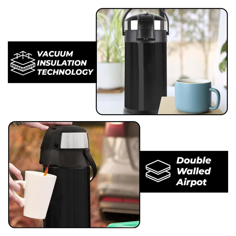 3L Vacuum Airpot Insulated Flask Stainless Steel Hot Tea Coffee Drink Thermos Jug With Pump Action Silver, Black