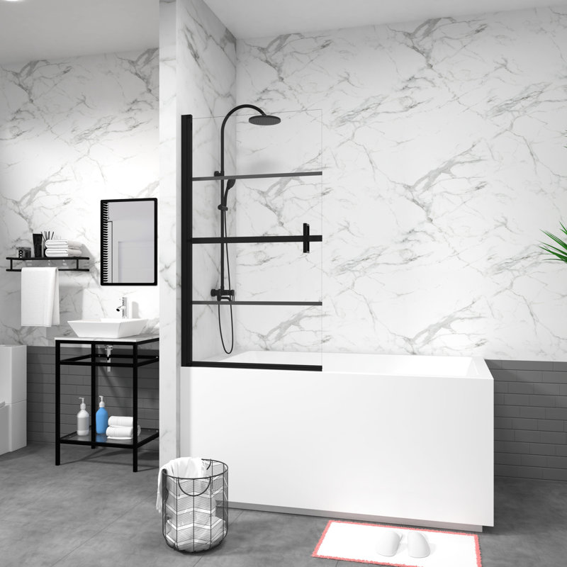 Black Tempered Glass 180 Pivot Shower Door, 55"X31.5", Strongly Hold Pieces Handle Bathtub Glass, Stable Hinge Connection