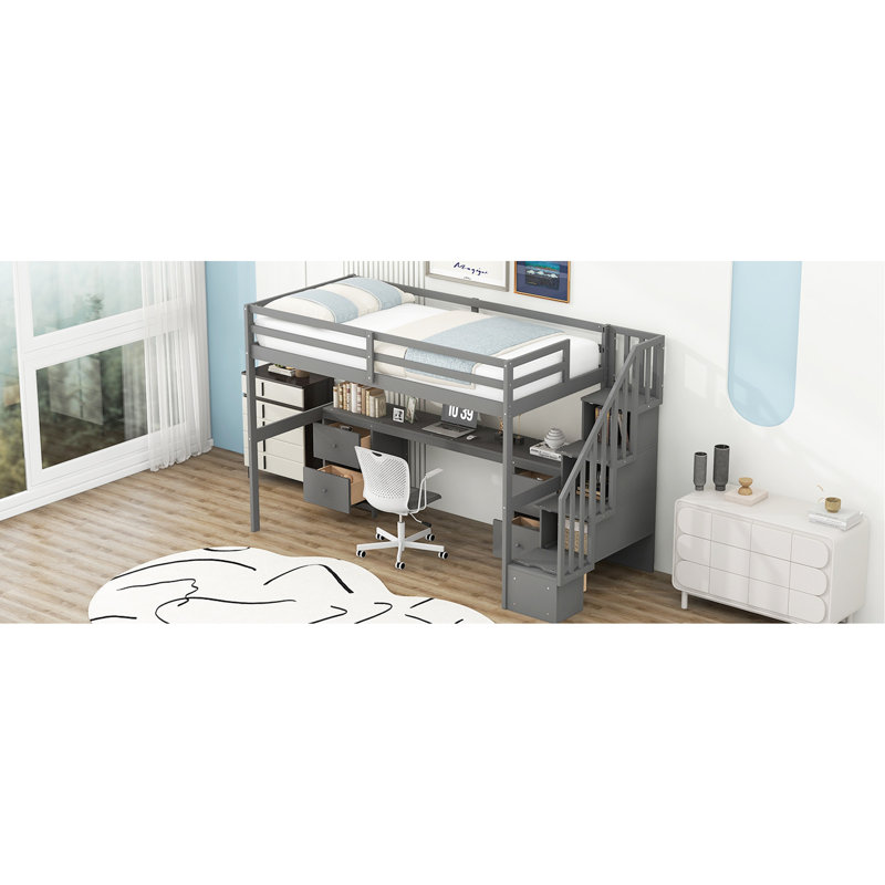 Lit mezzanine simple avec bureau et double rangement, rangement gris, Gris