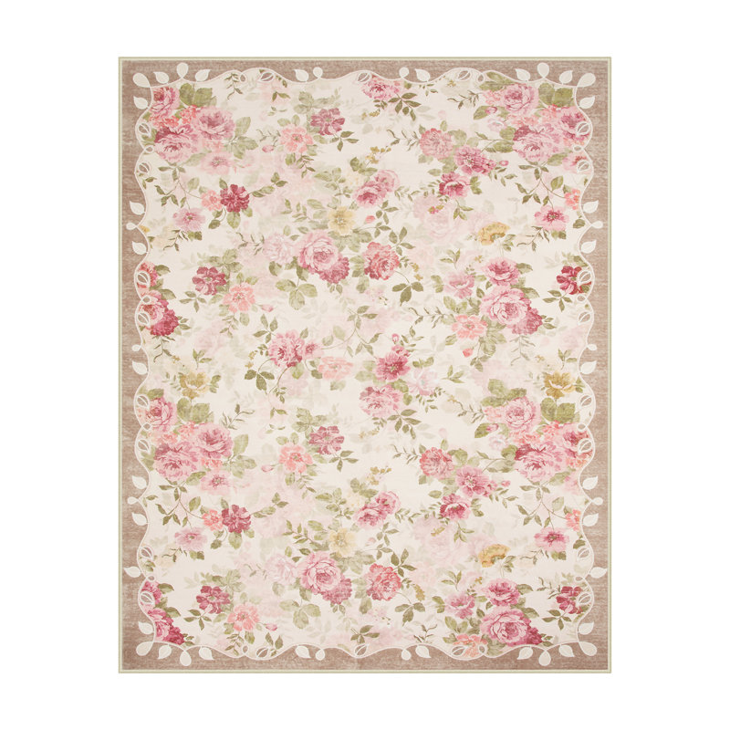 Vintage Floral Machine Washable Area Rug with Non-Slip Backing, Beige, Rectangle 8' x 10'