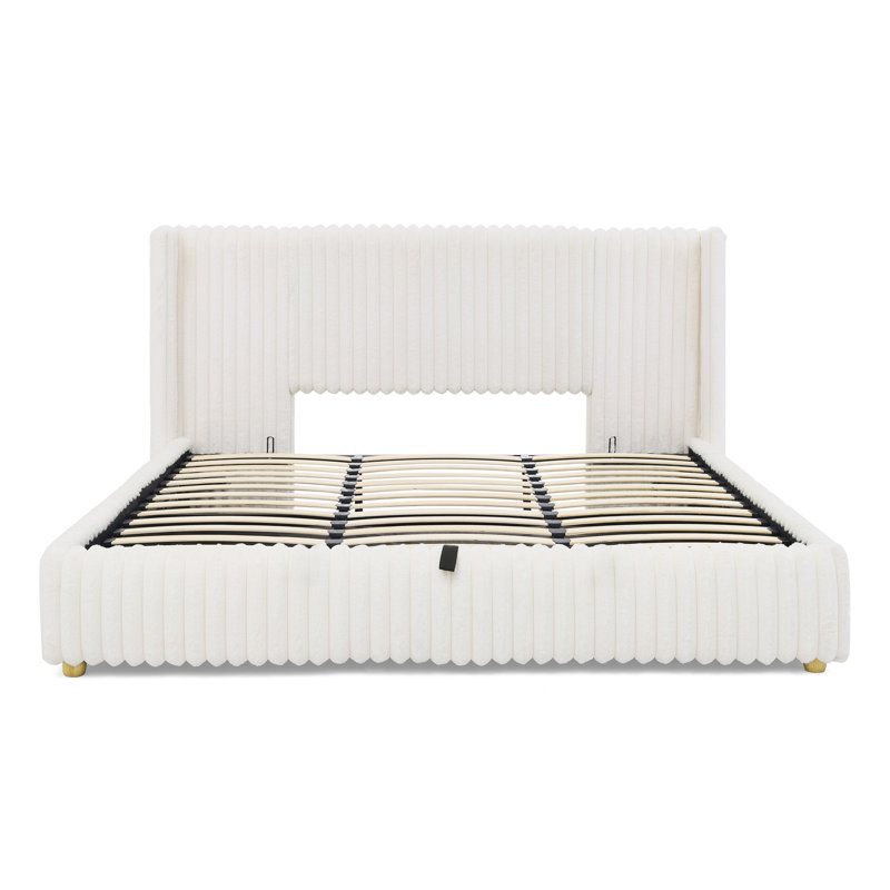 King Functional Vertical Striped Bed with Gas Lift Storage, Luxury Fluffy Rabbit Fur Fabric Up-holstered Double Bed, King