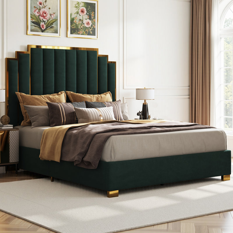 Duncanville Upholstered King Platform Bed, Green, King, Green