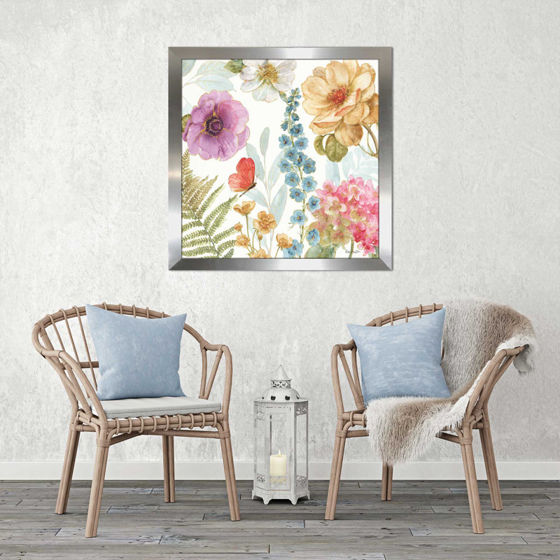" Rainbow Seeds Flowers III ", 25.5" H x 25.5" W x 1" D, Silver Framed