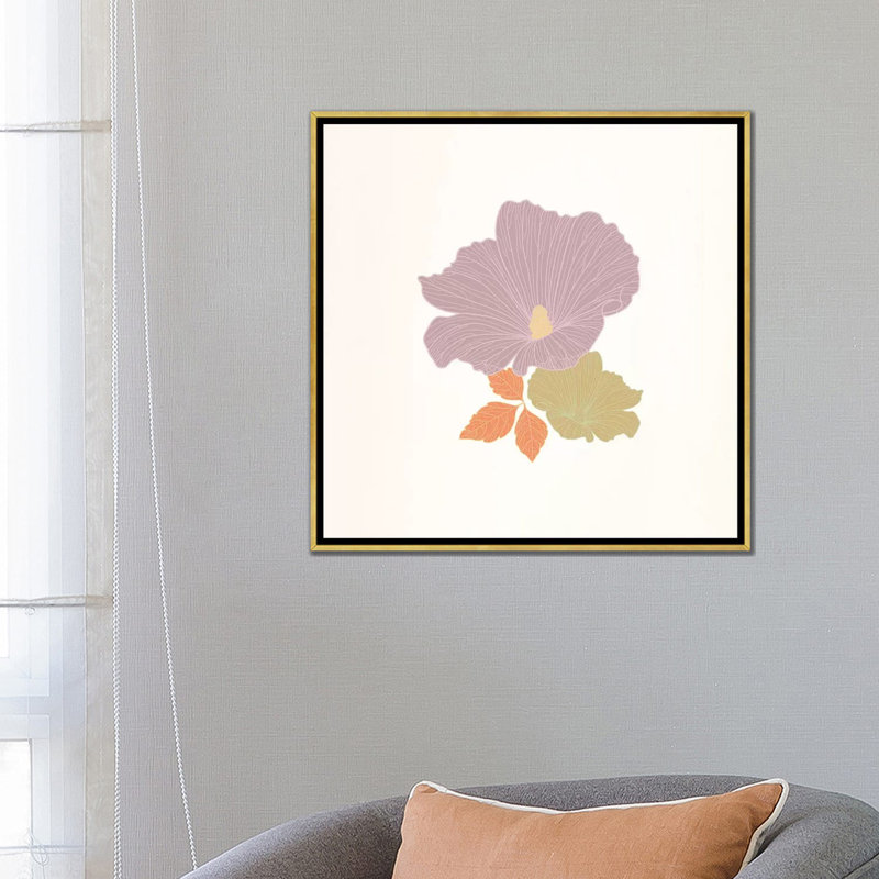 Fleurs et feuilles (multicolore) - Impression d'art graphique, Toile avec cadre noir patiné, Aucun mat