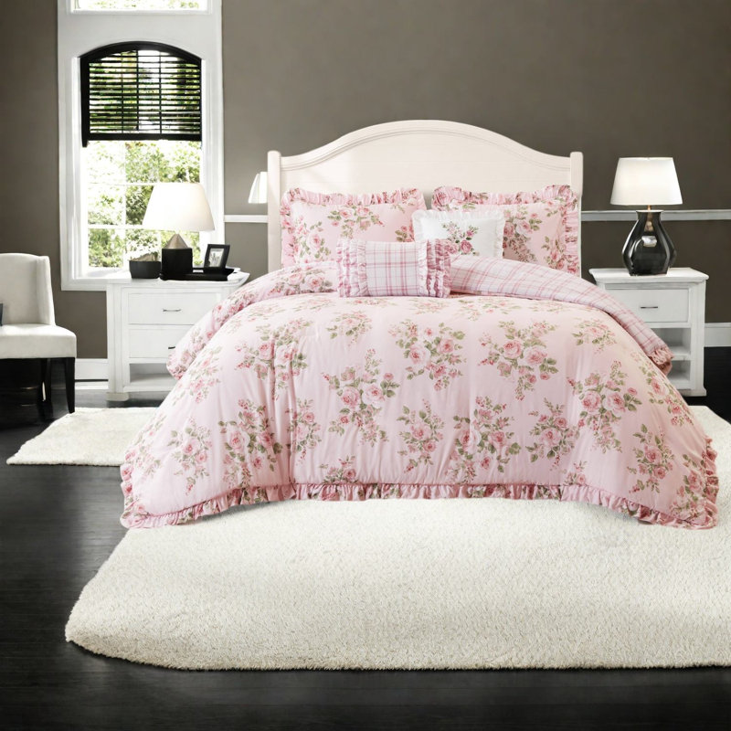 Piece King Bedding Sets, Pink Floral Microfiber Comforter, Cottage Style