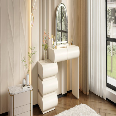 Coiffeuse 2-en-1 de luxe avec finition en cuir, miroir lumineux à 3 couleurs à DEL, coiffeuse de maquillage moderne avec table de chevet, coiffeuse avec 5 tiroirs de rangement, beige