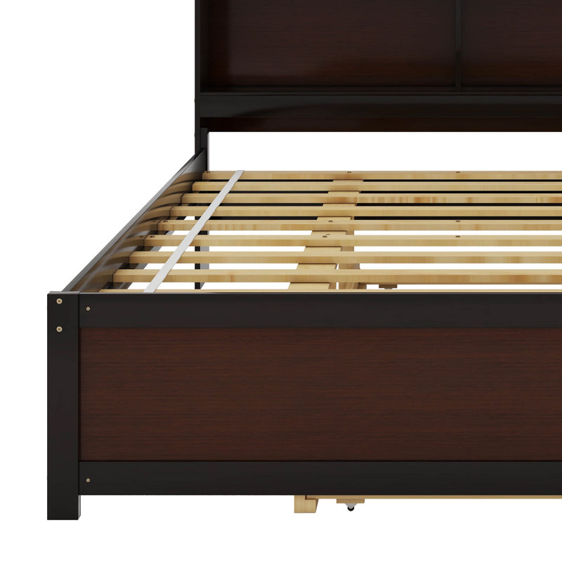 Cadres de lit double en bois Bonney avec lit gigogne et tiroirs de rangement, Espresso