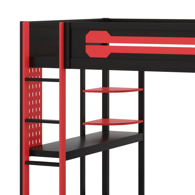 Lit mezzanine double avec bureau, garde-robe ouverte et éclairage RVB, lit de jeu rouge avec ports USB et tablettes, Rouge