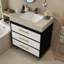 Meuble-lavabo autoportant moderne avec lavabo vasque en céramique et plateau en pierre frittée en noir / or / noyer / blanc-1888015195