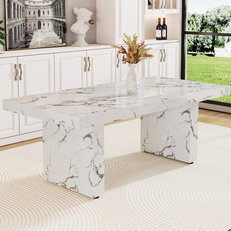 White Dining Table Featuring Marble Pattern, Suitable For 8 - 10 People And As A Computer Workbench, Safe, Fits Kitchen Patio Pattern Table, Multi Functional Office Discussions