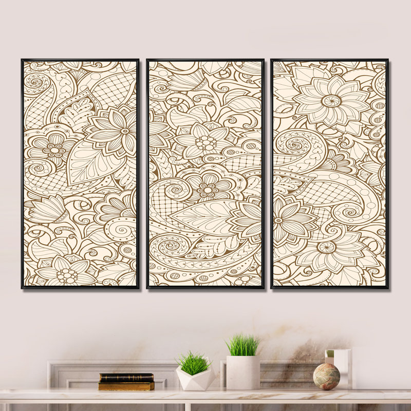 Ensemble de 3 reproductions d'art sur toile encadrées beige, H 28 po x l 36 po x P 1 po, Noir