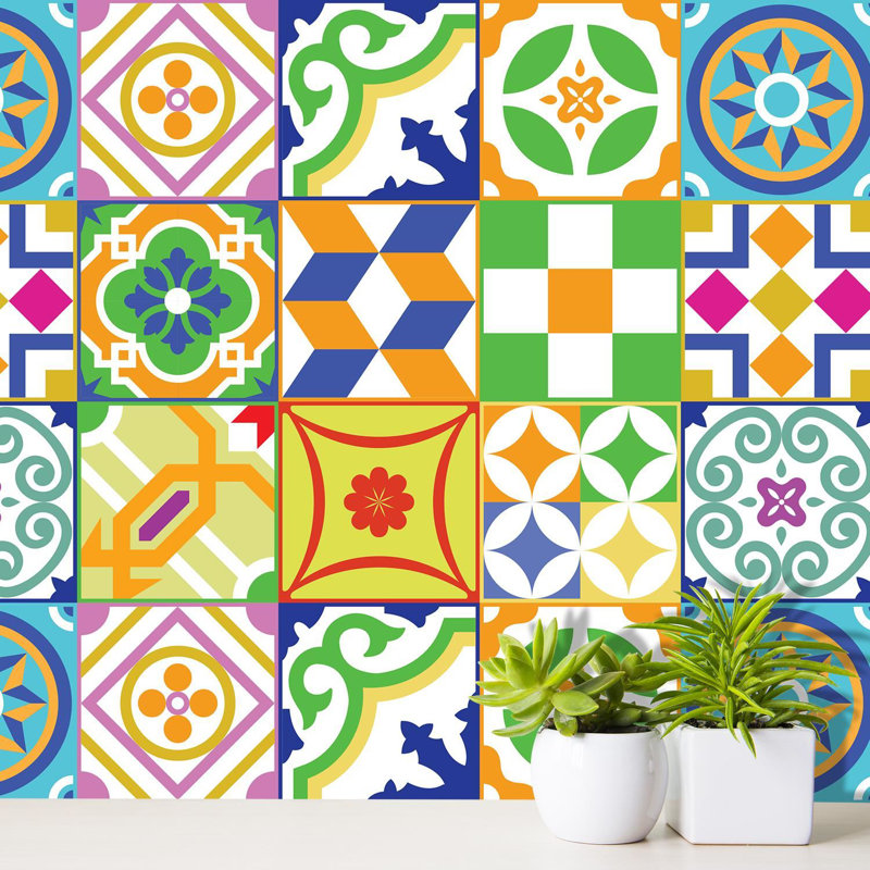 Classic Spanish Colourful Mixed Tiles Wall Stickers 15cm x 15cm PVC