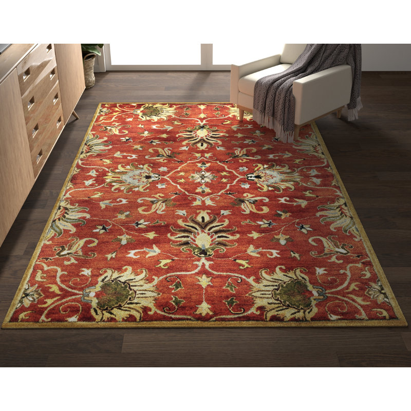 Tapis rouge / vert en laine touffeté à la main Statler, Rectangle de 5 pi x 8 pi, Terre de Sienne