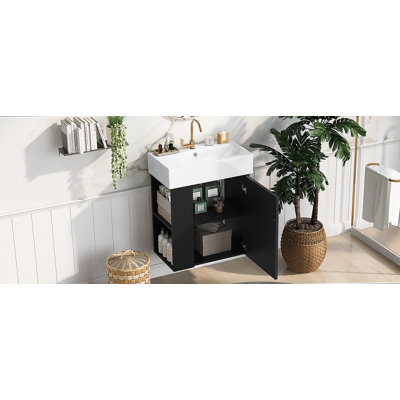 21.6 Inch Modern Floating Bathroom Vanity With Ceramic Basin - Perfect For Small Bathrooms, Left Side Storage