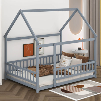 Structure de lit au sol avec toit, lit Montessori en bois avec clôture, lit maison pour chambre à coucher
