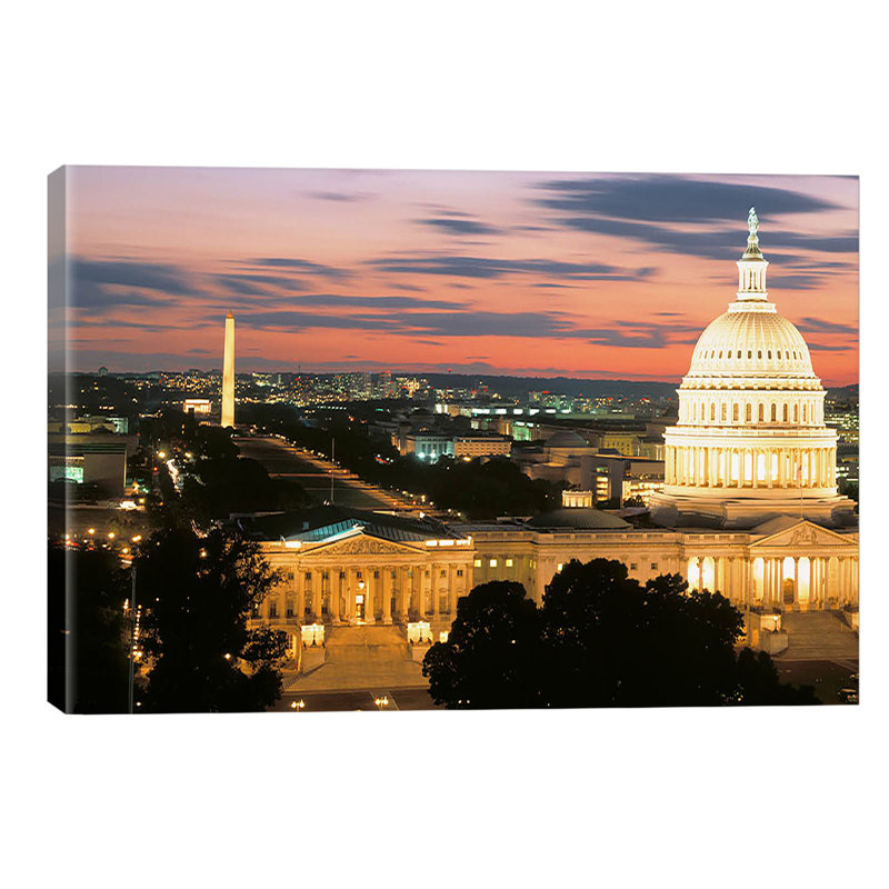 High Angle View Of A City Lit Up At Dusk, Washington Dc, Usa by Panoramic Images - Wrapped Canvas Print