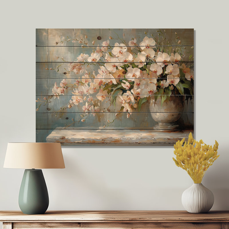 Or doré harmonie fleurs II - art mural bois d'orchidée - sur bois de pin naturel, H 34 po x l 44 po x P 0,78 po