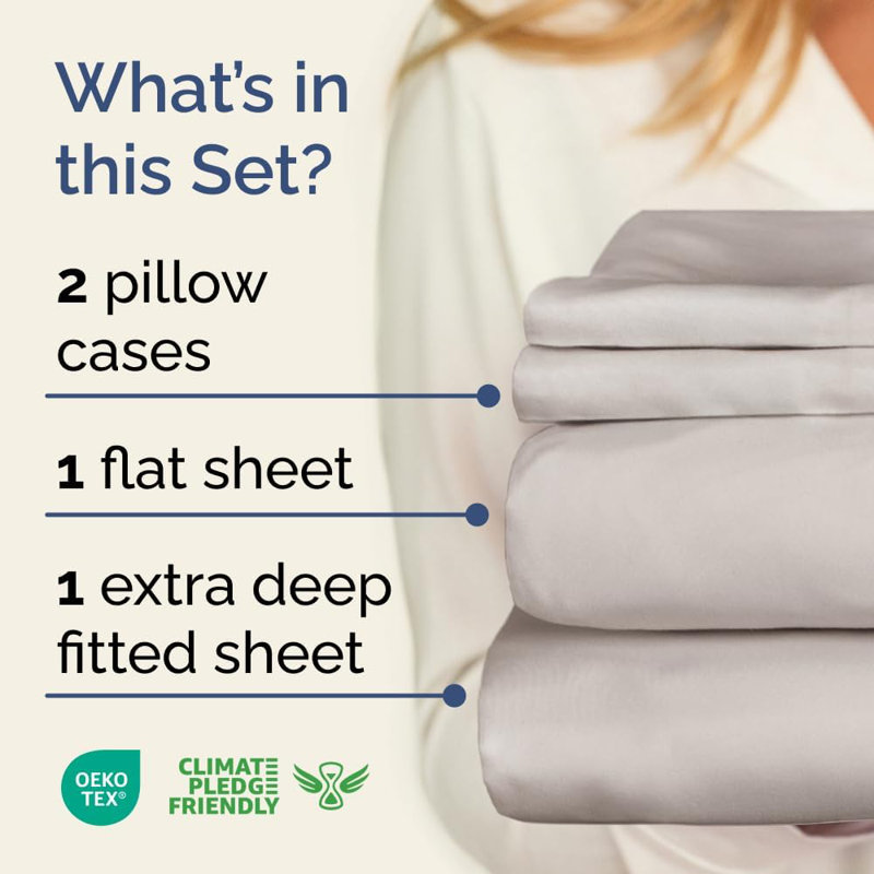 Extra Deep Pocket Sheet Set, Cooling & Breathable Bed Sheets, Soft Hotel Luxury Bedding, Fits 18–24 Inch Mattress, Light Gray