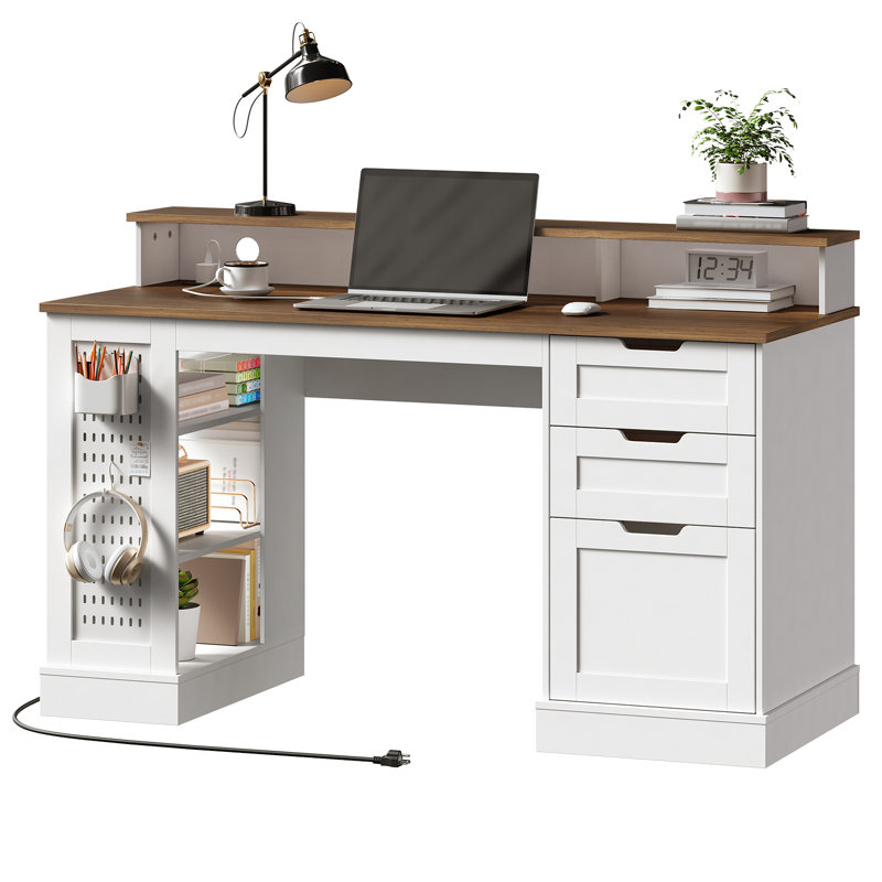 55-Inch Farmhouse Executive Desk with 2 Drawers and File Cabinet, Computer Desk with 3-Tier Storage Shelves, Home Office Desk with Charging Station, Pegboard and Monitor Shelf