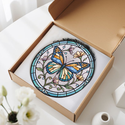 Panneau de vitrail floral papillon H 12 po