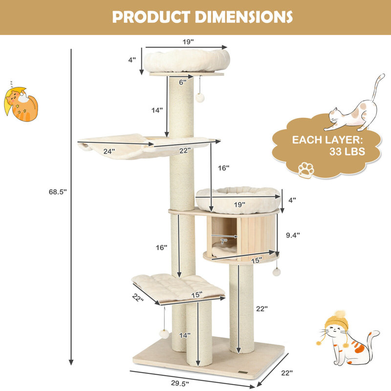 Aylisha 68.5'' Tall Natural Pine and Birch Cat Tree