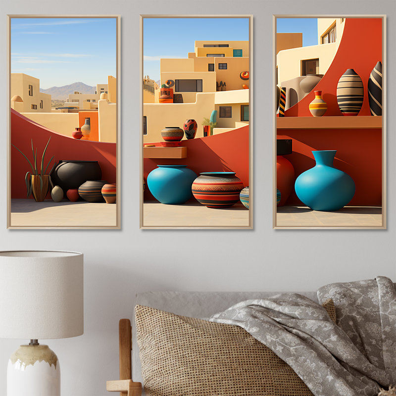 Art mural rouge, formation de poterie rouge cubiste, H 28 po x l 36 po, Cadre flottant brun