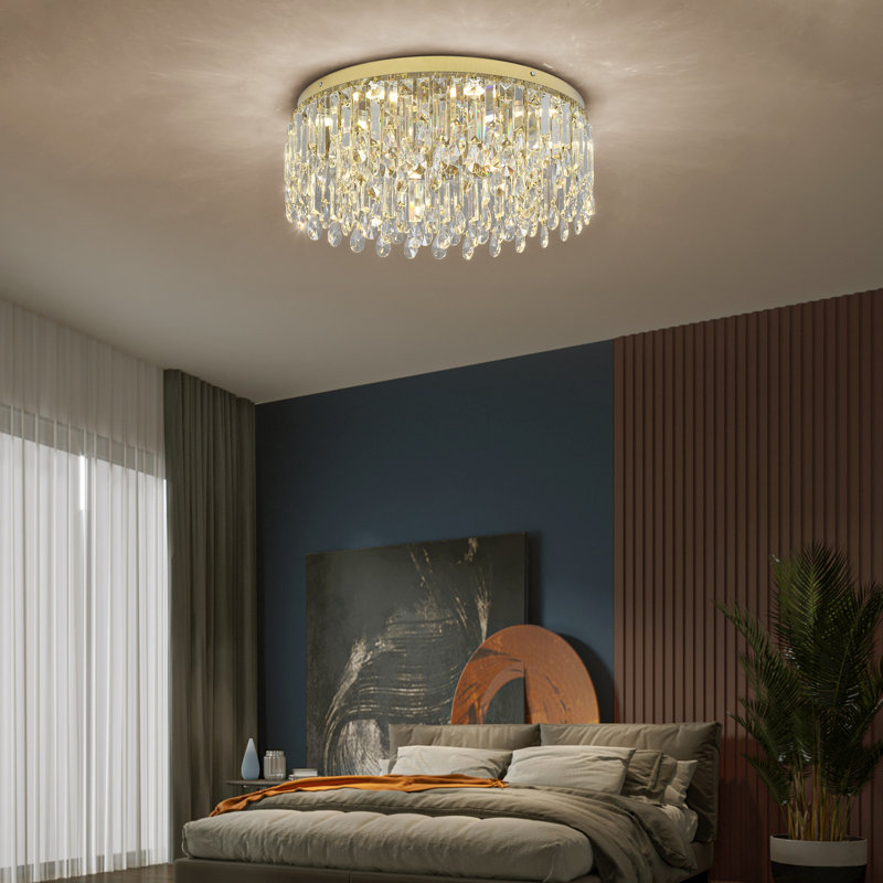  Modern 19.7" Gold Chandelier, K9 Crystal Flush Mount Ceiling Light Fixture Luxury Tri-Color LED Lighting for Living Room Dining Room Bedroom