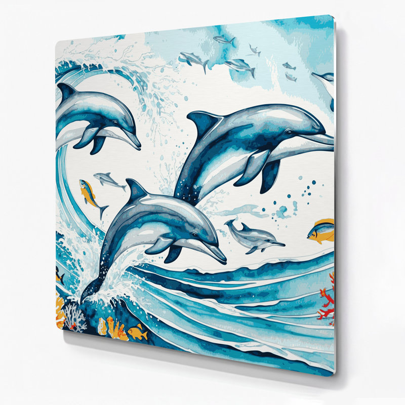 «Hawaiian Dolphins», art mural en métal bleu