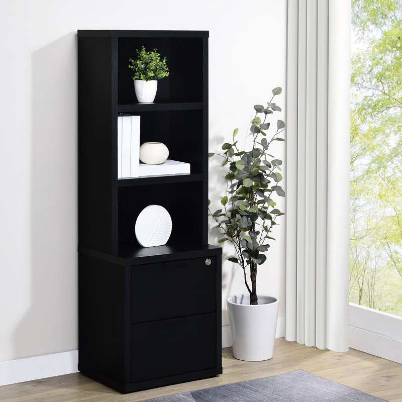 Bibliothèque noire avec 3 tablettes, port et tiroir verrouillable, grain de bois de manguier, bois d'ingénierie, grattoir, convient à l'espace de vie principal, 19,73 pouces de profondeur, 15,61 de largeur, 60,08 de hauteur, 60,97 livres
