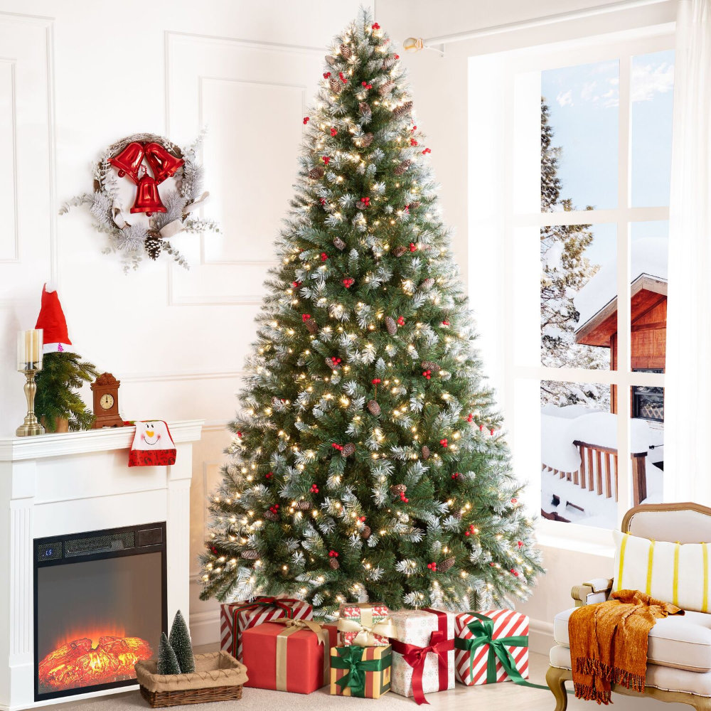 Frosted Prelit Artificial Christmas Tree with Pine Cones, Red Berries, and Metal Stand – 33" Wide Realistic Decorated Spruce Tree Available in 4.5 ft, 7.5 ft, and 9 ft Sizes for Festive Holiday Décor with 200 Warm Lights, Foot Pedal The Holiday Aisle® 