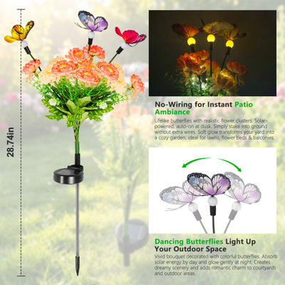 Lot de 2 lampes solaires de jardin à piquer, 7 fleurs de lotus enneigées et 3 papillons colorés, éclairage automatique blanc chaud du crépuscule à l'aube, étanches IP65, pour massifs de fleurs, allées et jardinières.
